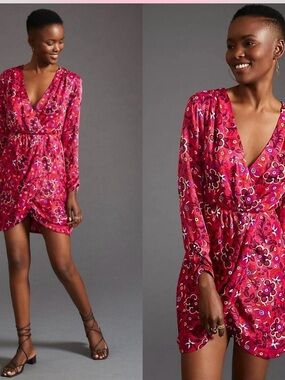 Anthropologie Pink Floral Wrap Dress